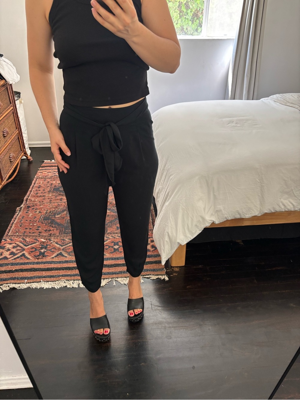 Leith High Waist Cropped Black Pants with Tie